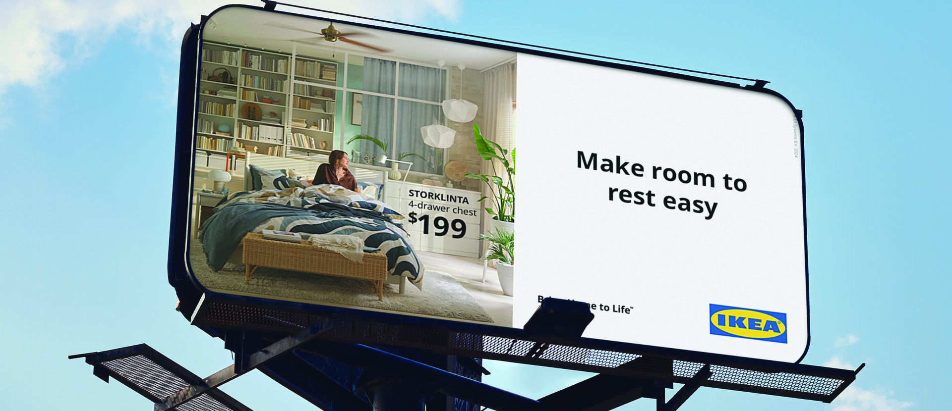 IKEA Canada billboard/out of home showing woman on bed, Storklinta chest of drawers.